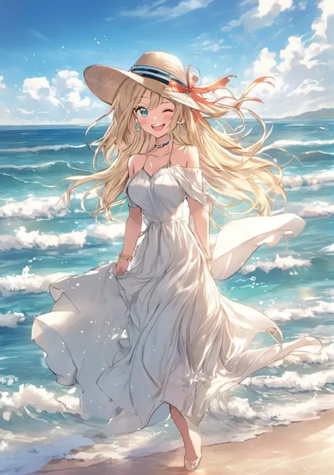 1girl, :d, aqua eyes, bangs, bare shoulders, beach, blush, bracelet, breasts, blonde hair, choker, cleavage, collarbone, dress, earrings, eyebrows visible through hair, hat, jewelry, long hair, looking at viewer, large breasts, , ocean, off-shoulder dress, off shoulder, open mouth, outdoors, ribbon, smile, solo, sun hat, water, white dress, white headwear