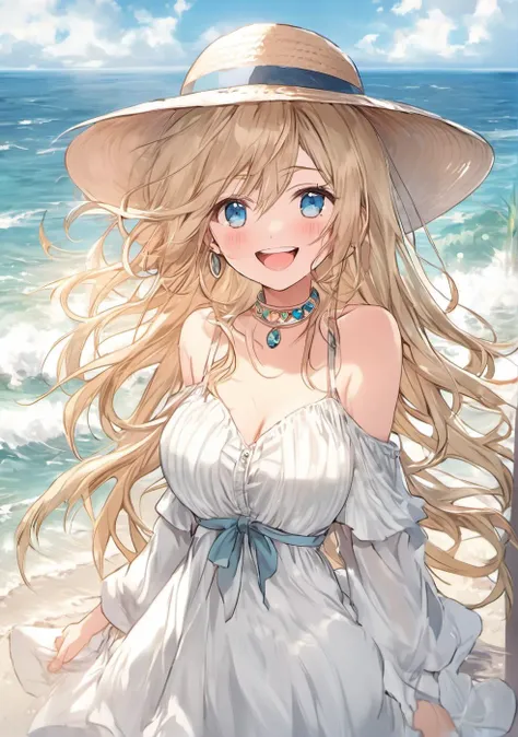 cowboy shot, ((no hat:1.3)), (8K, Highest quality, Highest quality, masterpiece), solo, 1girl, round chin, wide hips, little thick thighs, beautiful detailed face, detailed eyes, yellow eyes, cute, yellow hair, wind, braids, straw hat, looking at viewer, yellow flower and sky background, yellow theme, yellow sundress, long dress, eliminate the gap between thighs, highest quality hands, five fingers