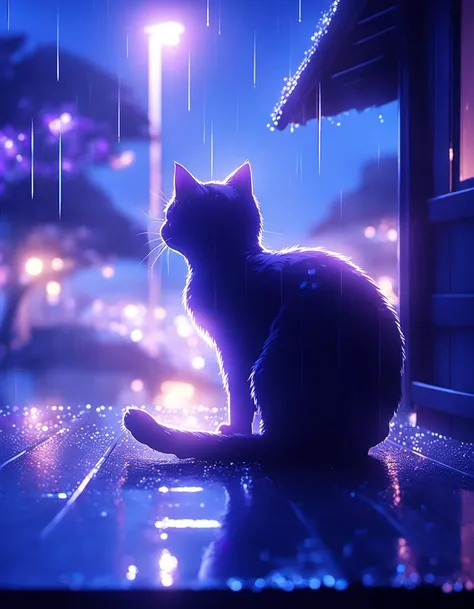 masterpiece, best quality, light particle, pixiv, depth of field, cinematic compotision, best lighting, outdoors, (lens flare:0.6), field, scenery, , fantasy, , 8k, 4k, , blue theme, purple light, rain, , 1 cat, roof