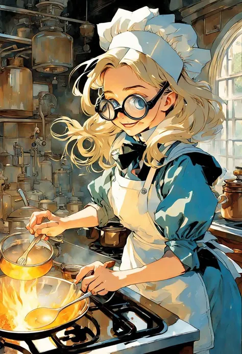 Anime Artwork, Disney Alice in Wonderland cooking in a meth lab, wearing chemist goggles, art by Makoto Shinkai, art by J.C. Leyendecker