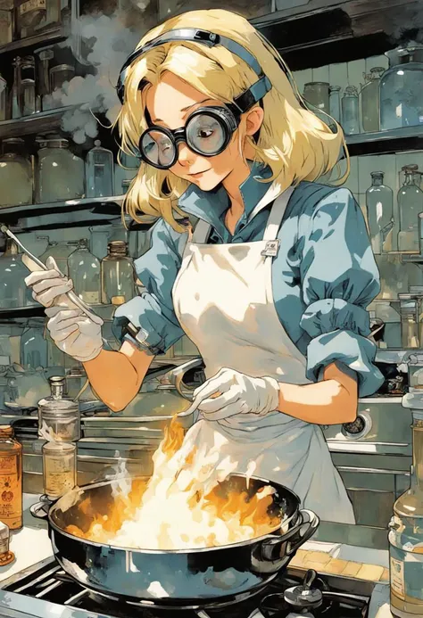 Anime Artwork, Disney Alice in Wonderland cooking in a meth lab, wearing chemist goggles, art by Makoto Shinkai, art by J.C. Leyendecker