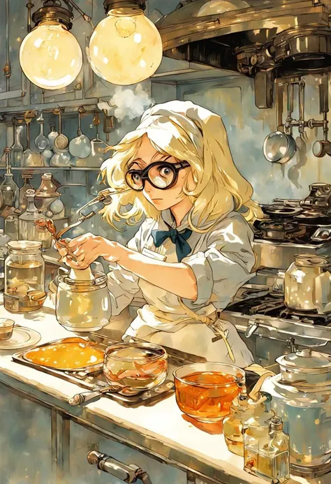 Anime Artwork, Disney Alice in Wonderland cooking in a meth lab, wearing chemist goggles, art by Makoto Shinkai, art by J.C. Leyendecker