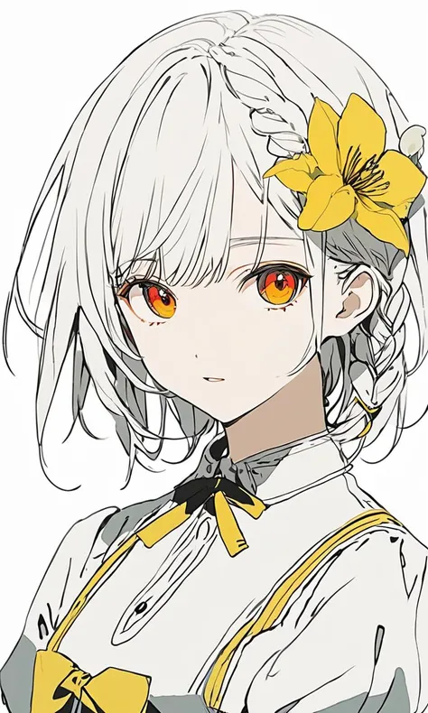 (masterpiece, best quality, high quality, highres, ultra-detailed),flat color, anime screencap,
1girl, solo,18 years, white background,expressionless, looking at viewer,upper body, red eyes:0.6 | orange eyes:0.5, ribbon, neck ribbon,braid, closed mouth,white hair, (braided bangs), white flower, yellow flower, short hair, dress, puffy sleeves, parted lips, wrist cuffs, teeth,simple background