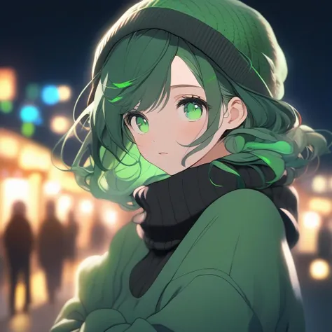 face focus, cute, masterpiece, best quality, 1girl, green hair, sweater, looking at viewer, upper body, beanie, outdoors, night, turtleneck