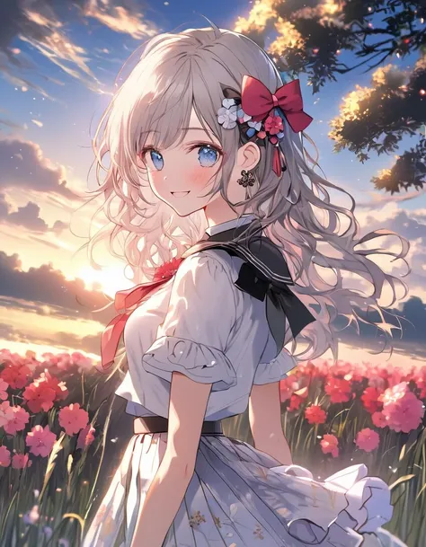 face focus, cute, masterpiece, best quality, 1girl, flower, solo, blue eyes, outdoors, skirt, smile, hair ornament, looking at viewer, jewelry, earrings, short sleeves, shirt, petals, skirt hold, bangs, frills, hair flower, blush, white shirt, sky, white hair, tree, cowboy shot, bow, sunset, black skirt, black bow, parted lips, standing, field, bowtie, breasts, pink flower, cloud, red flower, grass, flower earrings, long hair, center frills, frilled shirt, collared shirt, medium hair, black bowtie, floating hair