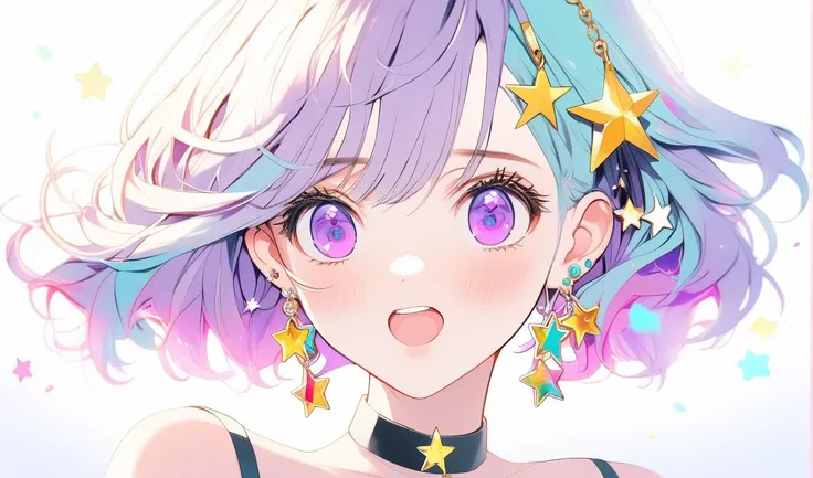 face focus, cute, masterpiece, best quality, 1girl, solo, jewelry, blonde hair, hair ornament, earrings, hairclip, looking at viewer, portrait, short hair, white background, parted lips, blush, bangs, simple background, signature, necklace, virtual youtuber, bare shoulders, collarbone, multicolored hair, aqua eyes, hair ribbon, open mouth, purple hair, star earrings