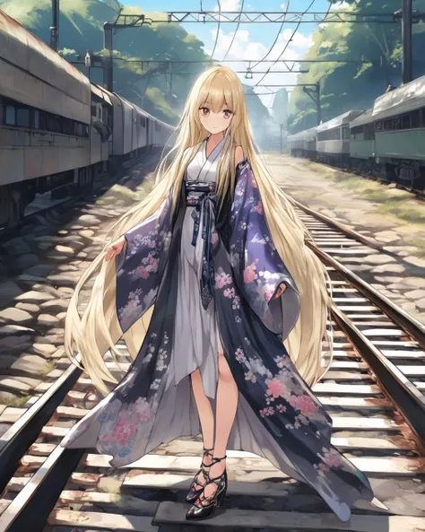 1girl, blond hair, very long hair, asymmetrical hair,  parted bangs bangs,  shiny kimono glove high-heeled shoes,  old railway track daytime,