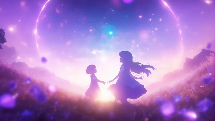masterpiece, best quality, light particle, depth of field, cinematic compotision, best lighting,  (lens flare:0.6), field, scenery,  fantasy, floating object, purple light, blue light, far away,