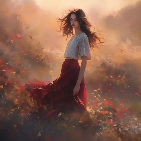 a historic young beautiful character, wearing a crop top with short skirt, looking at viewer, maroon cream black vintage, sunset, soft body, flowing hair, wild flowers, the start of spring, Shadow play, top view, light, mist, moody, glossy brown hair, earthy, vivid, red, purple, blue, cinematic, Film light, Hyper detailed, Hyper realistic, masterpiece, atmospheric, High resolution, Vibrant, High contrast, dark angle, art by Koos Roos, 8k, HDR, 500px