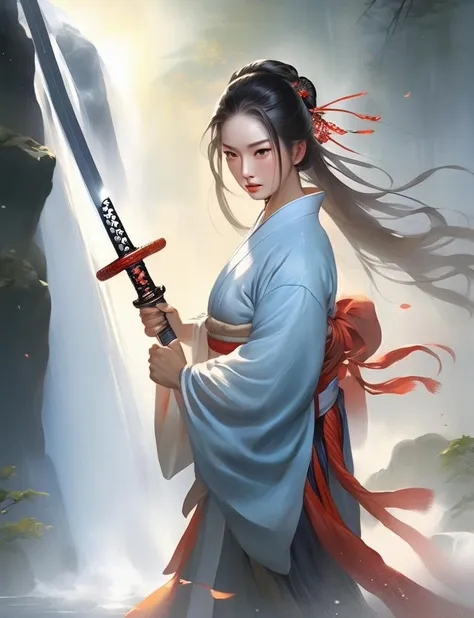 (masterpiece,best quality:1.5), asian woman wearing hanfu and holding a sword, light on face, mysterious, sword dancing waterfall