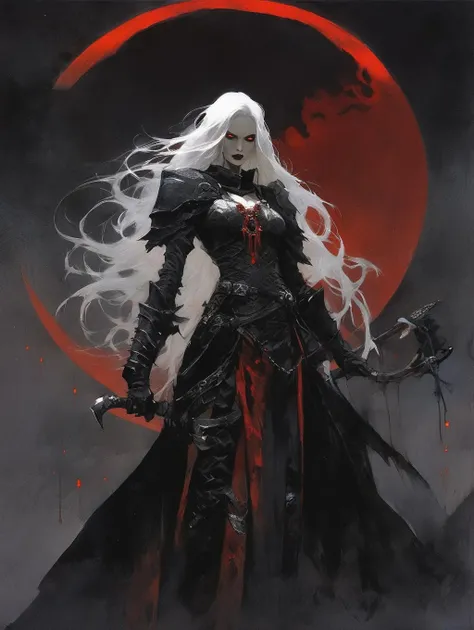 a gorgeous female human necromancer, long silver hair, scythe , bone armor, glowing red eyes,
fantasy, dark room, dim light , blood moon, high contrast, best shadow, cinematic lighting
art by Gerard Brom, Alex Maleev
(best quality, masterpiece, )