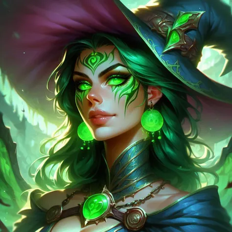 score_9, score_8_up, score_7_up, a portrait of a witch with a colorful outfit, strong color themes, detailed, beautiful face, glowing eyes, illustration, orange green and pink