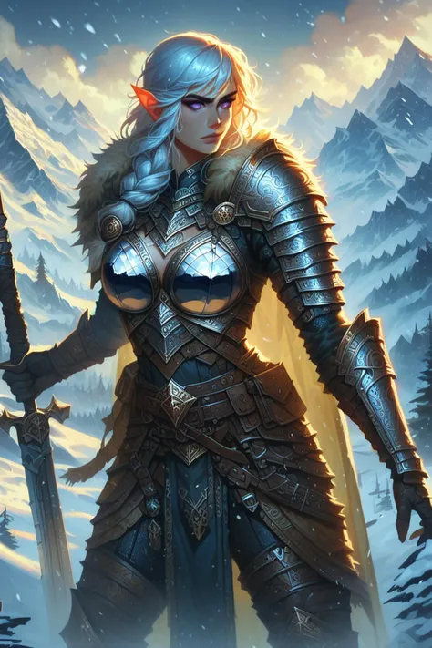 score_9, score_8_up, score_7_up, 1girl, A warrior, her armor is transparent glass armor, glowing golden transparent runes on the glass, detailed realism, the background is a mountain pass, snowy, White hair with deep purple eyes, Golden Yellow, Bright White, Dark Purple