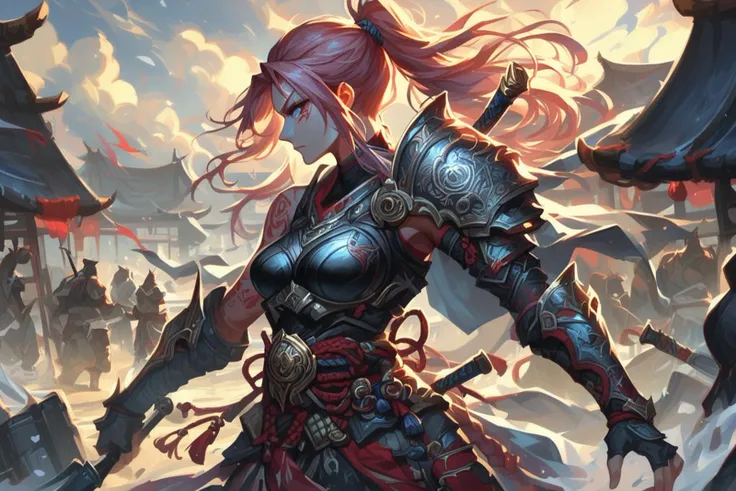 score_9, score_8_up, score_7_up, samurai woman in armor standing in a battlefield,armor,ponytail,japanese,fantasy,solo focus,epic,tattoos