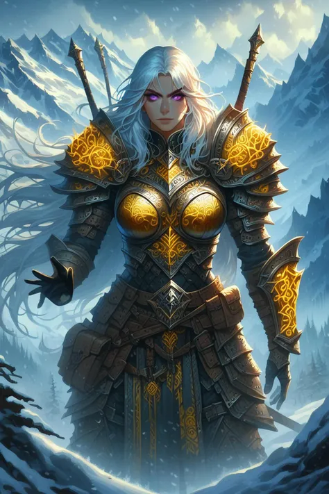 score_9, score_8_up, score_7_up, 1girl, A warrior, her armor is transparent glass armor, glowing golden transparent runes on the glass, detailed realism, the background is a mountain pass, snowy, White hair with deep purple eyes, Golden Yellow, Bright White, Dark Purple