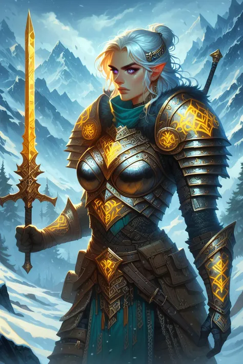 score_9, score_8_up, score_7_up, 1girl, A warrior, her armor is transparent glass armor, glowing golden transparent runes on the glass, detailed realism, the background is a mountain pass, snowy, White hair with deep purple eyes, Golden Yellow, Bright White, Dark Purple