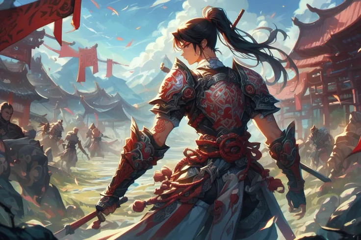 score_9, score_8_up, score_7_up, samurai woman in armor standing in a battlefield,armor,ponytail,japanese,fantasy,solo focus,epic,tattoos