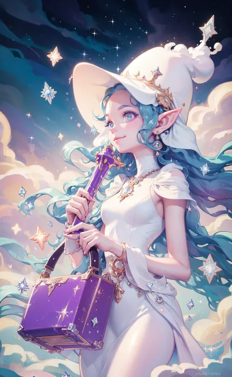 masterpiece, best quality, 1girl, the cloud elf queen busks on the streets of new york, casual, night, stars, (smile:0.8), sparkle, glow, glowing <lora:wedjigamja:0.7>