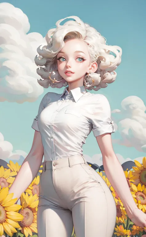masterpiece, best quality, 1girl, short curly hair, platinum blonde hair, shirt, trousers, fluffy clouds, bright, vibrant, happy <lora:wedjigamja:1>