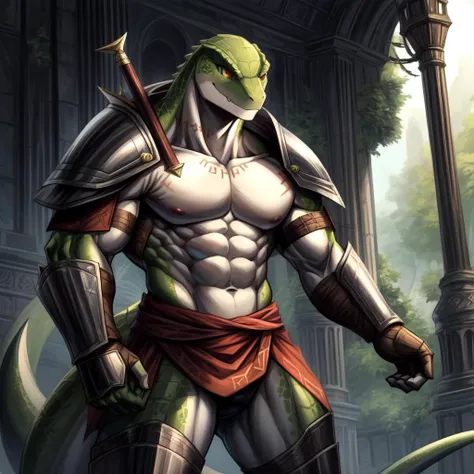 ((((green, ), lizard), muscular, abs, armor, powerful warrior in the Overlord's army, handsome and dashing face, dark armor, detailed background, ):1.5),
((in the style of and art by    So-Bin, )), 
((in the style of the anime Overlord, ))
chiaroscuro, anime screenshot, deep metallic colors, vivid colors, <lora:crusch-v1:0.4> crusch, <lora:waterVFX:0.35>  <lora:more_details:0.5>  <lora:zaryusu_shasha_v1_ep12:0.4> zaryusu shasha,