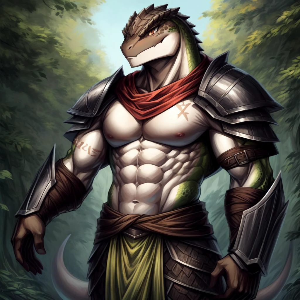((((white, brown, green, ), lizard), muscular, abs, armor, powerful warrior in the Overlord's army, handsome and dashing face, dark armor, ):1.5),
((in the style of and art by    So-Bin, )), 
((in the style of the anime Overlord, ))
chiaroscuro, anime screenshot, deep metallic colors, vivid colors, <lora:crusch-v1:0.4> crusch, <lora:waterVFX:0.35>  <lora:more_details:0.5>  <lora:zaryusu_shasha_v1_ep12:0.4> zaryusu shasha,