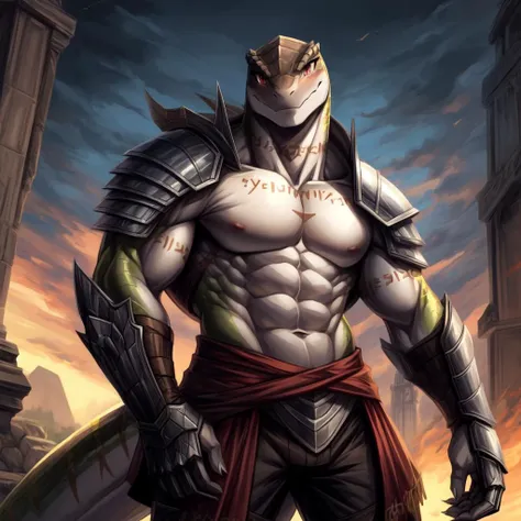 ((((brown, ), lizard), muscular, abs, armor, powerful warrior in the Overlord's army, handsome and dashing face, dark armor, detailed background, ):1.5),
((in the style of and art by    So-Bin, )), 
((in the style of the anime Overlord, ))
chiaroscuro, anime screenshot, deep metallic colors, vivid colors, <lora:crusch-v1:0.4> crusch, <lora:waterVFX:0.35>  <lora:more_details:0.5>  <lora:zaryusu_shasha_v1_ep12:0.4> zaryusu shasha,