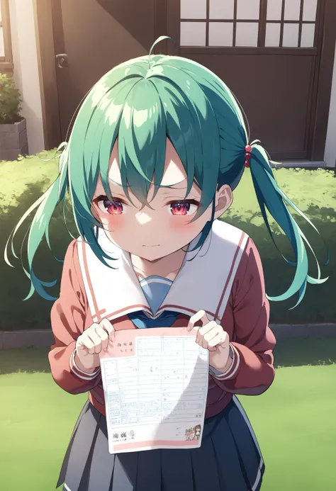 1girl,sincos, ningen mame, toosaka asagi,solo,medium breasts,school uniform,
marriage certificate,<lora:marriagecertificate_XL_v1:0.9>
from behind, wide shot, looking down, green hair, red eyes,wince, back yard, closed mouth, split ponytail hair,,
best quality, very aesthetic, absurdres