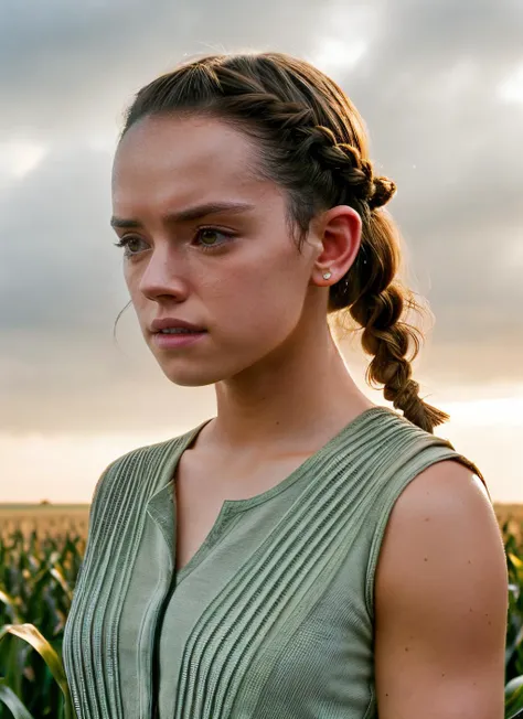 portrait of skswoman, embarrassed , wearing romper , with Braids , background corn maze epic (photo, studio lighting, hard light, sony a7, 50 mm, matte skin, pores, colors, hyperdetailed, hyperrealistic), <lyco:Rey:1.1>