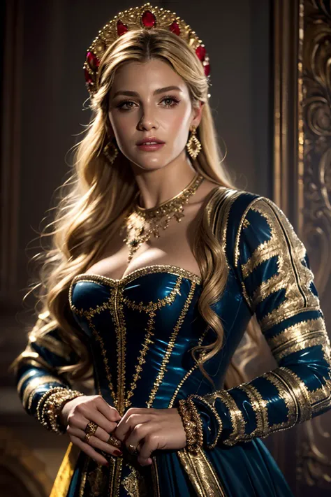 (realistic:1.3), finely detailed, quality, rembrandt lighting, (masterpiece:1.2), (photorealistic:1.2), (best quality), (detailed skin:1.3), (intricate details), dramatic, ray tracing, 1girl, russian girl, smiling, long hair,, blond hair, 21 years old, medium breasts, hair accessories, medfa, rich, extravagant, exquisite, vivid colors, vibrant colors, cowboy shot, <lora:MedievalFashion:1>