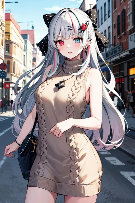 masterpiece, best quality, highres, aanozomi, long hair, streaked hair, hair ornament, hair bow, polka dot, hair flower, ear piercing, earrings, heterochromia, <lora:ishigami_nozomi_v1:0.7>, street, sweater dress, sleeveless, virgin killer sweater, turtleneck, cowboy shot, standing,