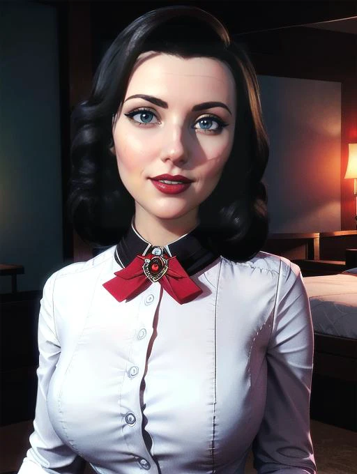 Elizabeth comstock, white blouse, portrait, beautiful smile, underwater city, red lipstick, cleavage (8k, RAW photo, best quality, masterpiece:1.2),ultra-detailed, (high detailed skin:1.2), 8k uhd, dslr, soft lighting, high quality, <lora:Elizabeth_Comstock_adult_v1:0.8>