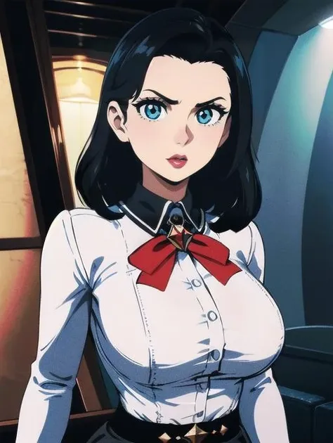 Elizabeth comstock, underwater city, white blouse, black skirt, big breasts, serious look, epic pose, heroic, red lipstick, (8k, RAW photo, best quality, masterpiece:1.2),ultra-detailed, (high detailed skin:1.2), 8k uhd, dslr, soft lighting, high quality, <lora:Elizabeth_Comstock_adult_v1:0.7>