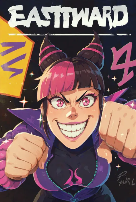 score9, score_8_up, score_7_up, colorful, vibrant,  solo,1girl, Juri Han from street fighter kicking the viewer, action pose, fists, evil smile, menacing, from below, close up, pov, fisheye lens, sparkles, text, (text that spells EASTWARD), <lora:Eastward_Countdown_Poster-000006:1> eastwardposter,