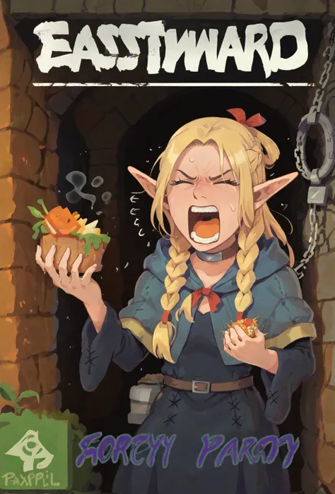 score9, score_8_up, score_7_up, colorful, vibrant, solo, <lora:Marcille:1> marcilledonato, 1girl, elf, holding staff in one hand, one hand out of frame, dungeon, stones, moss, chains,eyes closed, mouth open, yelling, distressed,  food, good looking food, hot steaming food, large text, <lora:Eastward_Countdown_Poster-000006:1> eastwardposter,