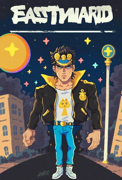 score9, score_8_up, score_7_up, rating_safe, colorful, vibrant, solo, (kujo_jotaro), jojo_no_kimyou_na_bouken, 1boy, (black_hair), blue_eyes, black jacket, (black hat, black hair), Jotaro from Jojo walking at the viewer with his hands in his pockets, frowning, hair merging with hat, spiky hair, Outdoors, urban, street, trees, dark sky, stars, character focus, close up, tall ,muscular, Cairo, Egypt, sparkles, <lora:Eastward_Countdown_Poster-000006:1> eastwardposter,