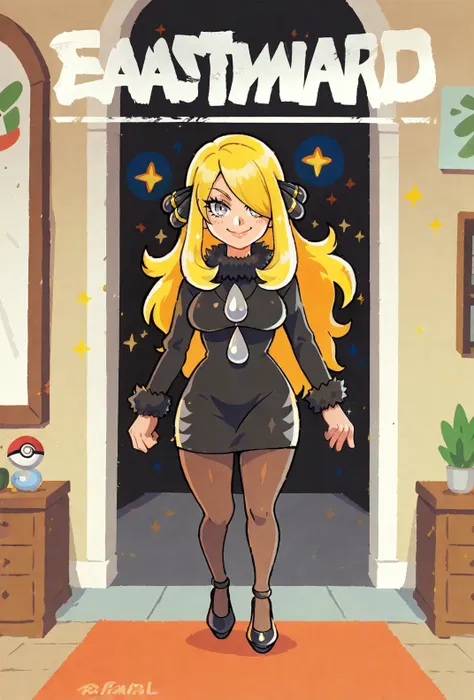 score9, score_8_up, score_7_up, colorful, vibrant, pokemon, solo, 1girl, blonde_hair, grey_eyes, black dress, cynthia from pokemon approaching the viewer, walking, smile, standing, indoors, big room, pokemon arena, character focus, close up, black dress, sleeves, fuzzy cuffs, black pantyhose, black heels, voluptuous, curvy, traditional media, sparkles, large text, (large text that spells EASTWARD), <lora:Eastward_Countdown_Poster-000006:1> eastwardposter,