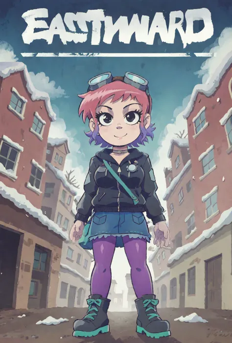 score9, score_8_up, score_7_up, colorful, vibrant, detailed background, solo, <lora:RamonaSDXL:0.9> ramona flowers, 1girl, solo, black eyes, goggles on head, medium breasts, jacket, black hoodie, layered clothing, jean skirt, purple pantyhose, boots, shoulder bag, from below, smile, good hands, good fingers, city, snowy, alleyway, houses, <lora:Eastward_Countdown_Poster-000006:1> eastwardposter,