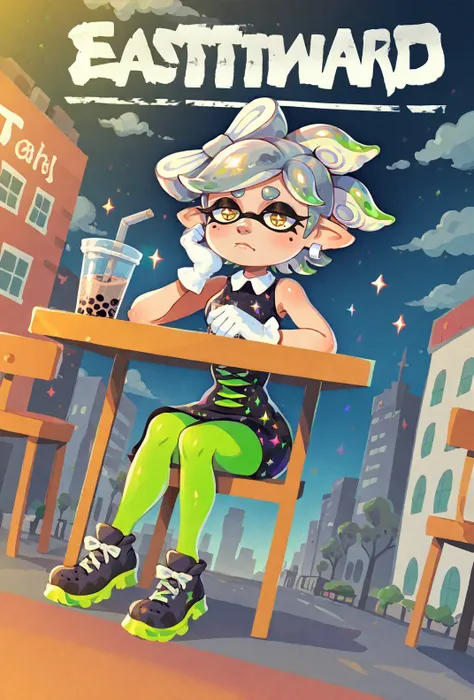 score9, score_8_up, score_7_up, colorful, vibrant, detailed background, dutch angle, from below, realistic artystyle, cute, 1girl, full body, marie_(splatoon), splatoon_(series), 1girl, tentacle_hair, yellow_eyes, black glittering dress, sleeveless, white gloves, green leggings, black shoes, bored, half closed eyes, looking off into the distance, sitting at a table, table, bubble tea, chair, sitting down, cafe, outdoors,city, street,public, clouds, city, street, massive skyscrapers,<lora:1r1d3sc3nc3XLP:0.5> 1r1d3sc3nc3, large text, sparkles, <lora:Eastward_Countdown_Poster-000006:1> eastwardposter,