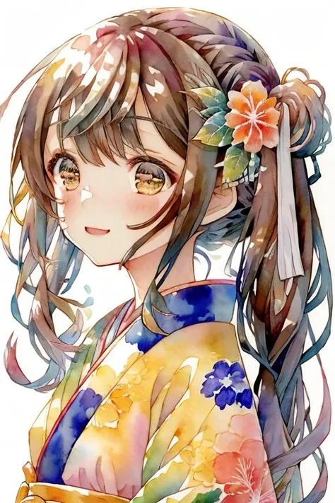 traditional media,chibi,watercolor \(medium\),watercolor background,1girl,kimono,brown hair,twintails,grass <lora:yukoring-000010:1>