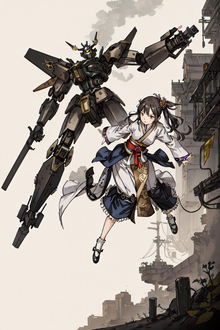 ((best quality, high_resolution, distinct_image)), girl,hanbok, mecha,action,detailed background,steampunk,