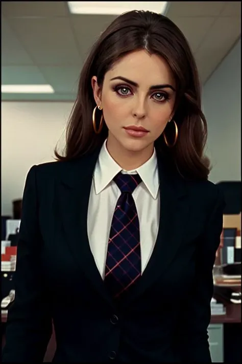 anniesorrell,(epic), ,photo of a woman, , perfect hair, beautiful perfect skin, ((busy office)), (modern photo, necktie, shirt), 24mm, (analog, cinematic, film grain:1.3), , detailed eyes, (upper body), (looking at viewer), earrings, (eyeliner, eyelashes)
