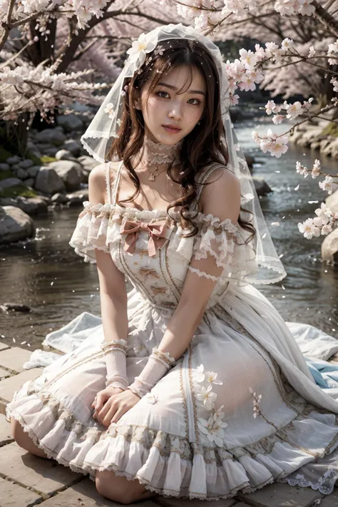 (realistic:1.3), finely detailed, quality, rembrandt lighting, (masterpiece:1.2), (photorealistic:1.2), (best quality), (detailed skin:1.3), (intricate details), dramatic, ray tracing, 1girl, japanese girl, 21 years old, detailed skin texture, (blush:0.5), (goosebumps:0.5), subsurface scattering, smiling, medium breasts, long hair curls, bangs, hair between eyes, hair ornament, hair flower, veil, choker, ribbon, bow, white dress, long dress, lace, frills, wrist cuffs, dygj \(manaka nemu\), lace socks, high heels, wariza, (arms at side:1.2), (bright sunny day, cherry blossom trees, river, footpath),  <lora:Dress No.6 V3 dygj:0.8>