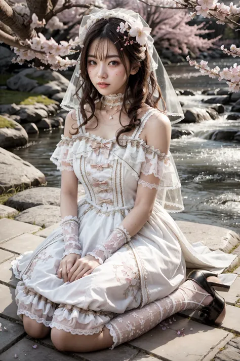 (realistic:1.3), finely detailed, quality, rembrandt lighting, (masterpiece:1.2), (photorealistic:1.2), (best quality), (detailed skin:1.3), (intricate details), dramatic, ray tracing, 1girl, japanese girl, 21 years old, detailed skin texture, (blush:0.5), (goosebumps:0.5), subsurface scattering, smiling, medium breasts, long hair curls, bangs, hair between eyes, hair ornament, hair flower, veil, choker, ribbon, bow, white dress, long dress, lace, frills, wrist cuffs, dygj \(manaka nemu\), lace socks, high heels, wariza, (arms at side:1.2), (bright sunny day, cherry blossom trees, river, footpath),  <lora:Dress No.6 V3 dygj:0.8>