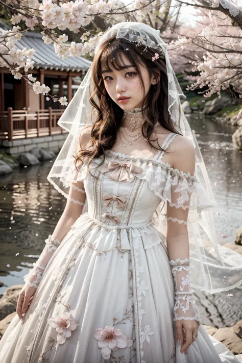 (realistic:1.3), finely detailed, quality, rembrandt lighting, (masterpiece:1.2), (photorealistic:1.2), (best quality), (detailed skin:1.3), (intricate details), dramatic, ray tracing, 1girl, japanese girl, 21 years old, detailed skin texture, (blush:0.5), (goosebumps:0.5), subsurface scattering, smiling, medium breasts, long hair curls, bangs, hair between eyes, hair ornament, hair flower, veil, choker, ribbon, bow, white dress, long dress, lace, frills, wrist cuffs, dygj \(manaka nemu\), cowboy shot, (arms at side:1.2), (bright sunny day, cherry blossom trees, river, footpath),  <lora:Dress No.6 V3 dygj:0.8>