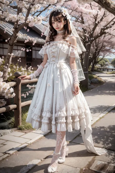 (realistic:1.3), finely detailed, quality, rembrandt lighting, (masterpiece:1.2), (photorealistic:1.2), (best quality), (detailed skin:1.3), (intricate details), dramatic, ray tracing, 1girl, japanese girl, 21 years old, detailed skin texture, (blush:0.5), (goosebumps:0.5), subsurface scattering, smiling, medium breasts, long hair curls, bangs, hair between eyes, hair ornament, hair flower, veil, choker, ribbon, bow, white dress, long dress, lace, frills, wrist cuffs, dygj \(manaka nemu\), lace socks, high heels, full body, (arms at side:1.2), (strolling, bright sunny day, cherry blossom trees, river, footpath),  <lora:Dress No.6 V3 dygj:0.8>