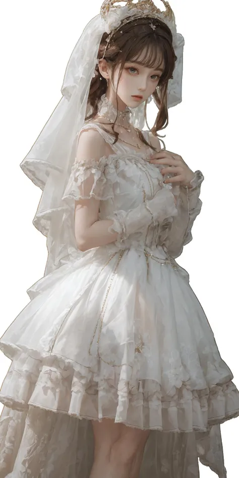 Bride, wedding dress, long dress, beautiful dress, victorian dress, dress with ribbons and bowes, high heels, blushing, teasing, blue eyes, white hair, sleeveless, stockings, earrings, neckless, ring, running, windy, long flowy hair, breasts, 1girl, Solo, High Resolution, masterpiece, lace, luxurious bedroom, bed, kneeling, asian girl, tattered dress