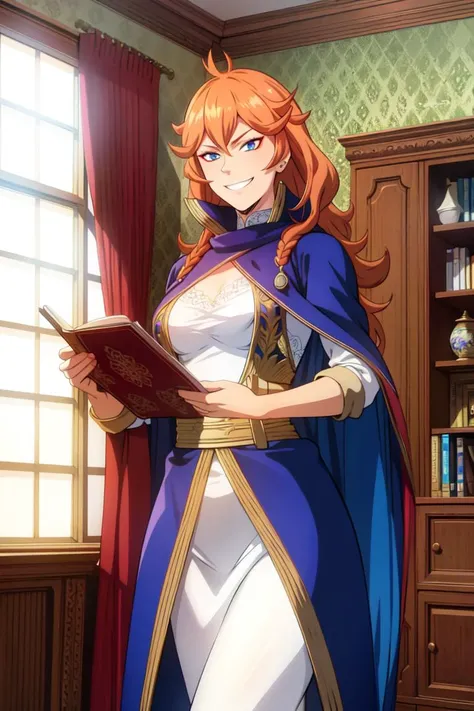 masterpiece, ((ultra detailed background, delicate pattern, intricate detail)), (highly detailed, fine details), best quality, beautiful lighting, ((medium breasts, slim girl)), MereoleonaVermillion, 1girl, solo, orange hair, smile, blue eyes, cape, open mouth, makeup, grin, fire, (cowboy shot), complex detailed background, inside, castle room environment, medieval castle, gray walls, window, bookshelf, <lora:MereoleonaVermillion:0.75>
