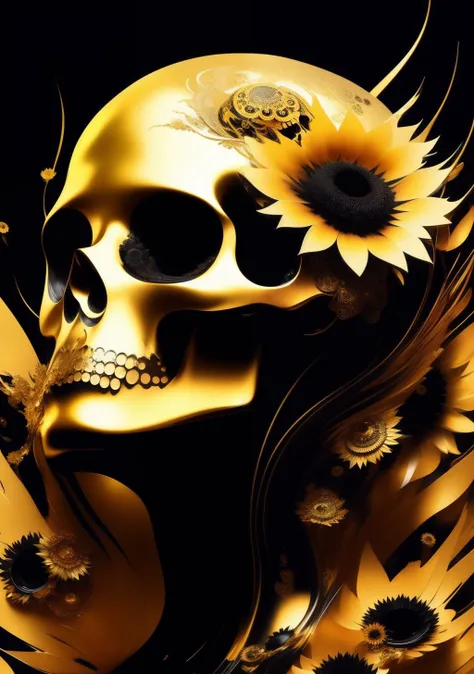 3/4 side view gold marble skull with gold filigree inlay surrounded by black sunflowers model made of Hiroaki Takahashi art ultra perfect composition 3d liquid detailing fluid acrylic by Greg Tocchini, James Gilleard, Joe Fenton Kaethe, Butcher Bosch, Dan Mumford, Kandinsky art style [collage] [splatter] [streak] [crop] [cut]