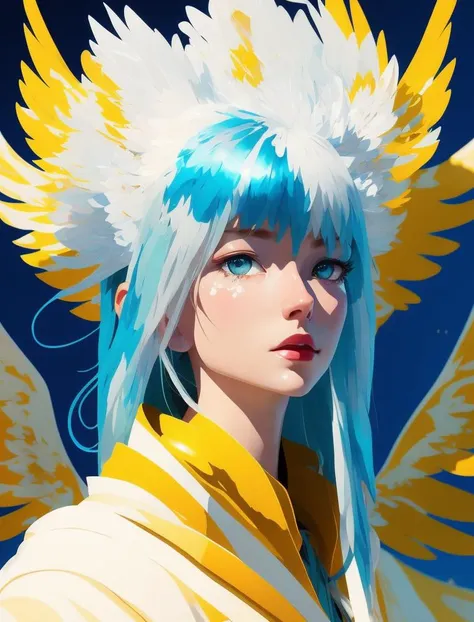 front view of an angel looking at the camera, beautiful face, blue eyes, long yellow hair, cute, big white wings, white long robe, 3d render Pixar stylemodel made of Hiroaki Takahashi art ultra perfect composition 3d liquid detailing fluid acrylic by Greg Tocchini, James Gilleard, Joe Fenton Kaethe, Butcher Bosch, Dan Mumford, Kandinsky art style [collage] [splatter] [streak] [crop] [cut]