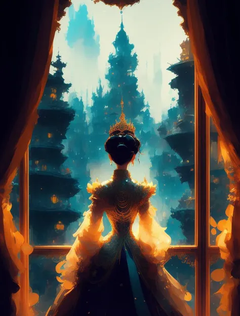 trapped princess looking at the viewer from behind the window, royal clothes, 3d render Pixar stylemodel made of Hiroaki Takahashi art ultra perfect composition 3d liquid detailing fluid acrylic by Greg Tocchini, James Gilleard, Joe Fenton Kaethe, Butcher Bosch, Dan Mumford, Kandinsky art style [collage] [splatter] [streak] [crop] [cut]